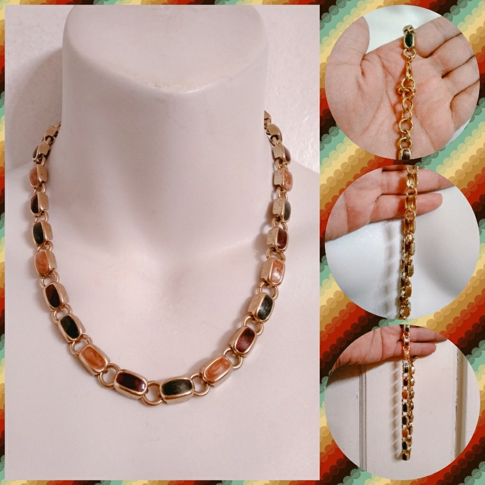 Enamel Link Necklace Green/Brown/Gold 18 in